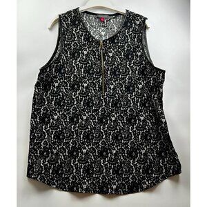 Vince Camuto Womens Black & White Lace Print Sleeveless Top Front Zip Accent